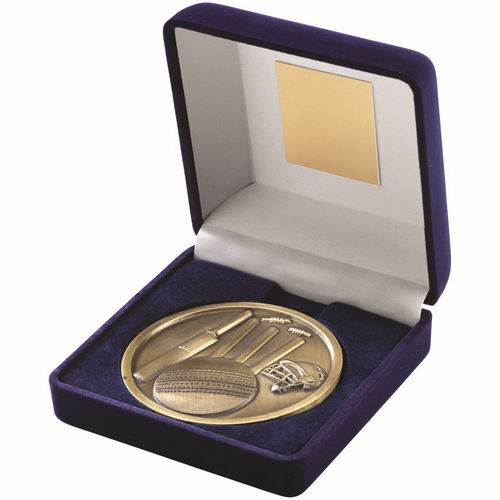 Blue Velvet Box And 70mm Medallion Cricket - Antique Gold by Legacy Outfitters
