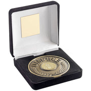 BLACK VELVET BOX AND 70mm UMPIRE MEDALLION WITH CRICKET INSERT