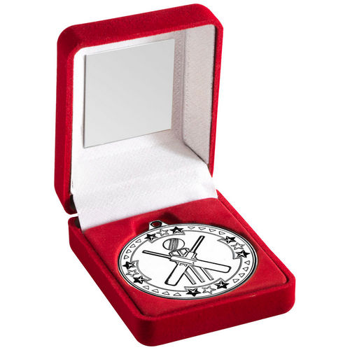 Red Velvet Box And 50mm Medal Cricket - Silver by Legacy Outfitters