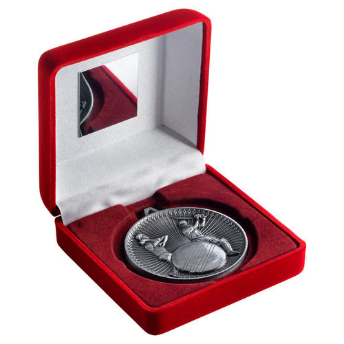 Red Velvet Box And 60mm Medal Cricket - Antique Silver by Legacy Outfitters