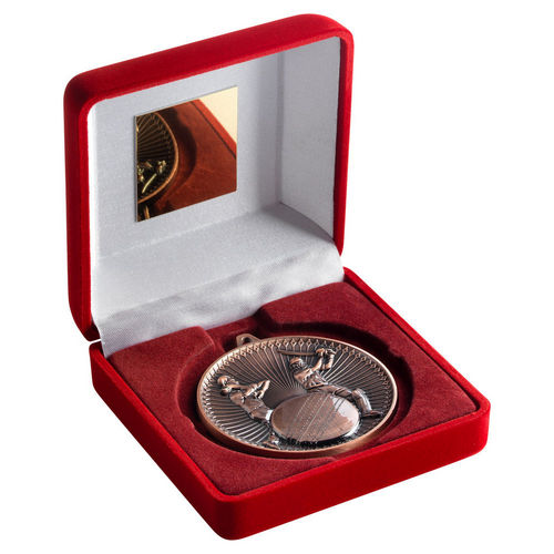 Red Velvet Box And 60mm Medal Cricket - Bronze by Legacy Outfitters