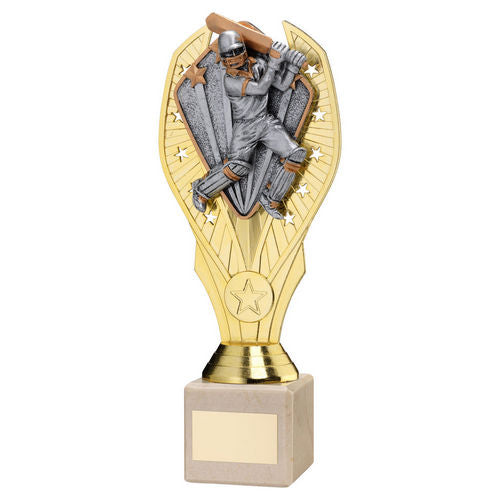 Gold Plastic Holder + Cricket Batsman Disc+Cream Marble Trophy (1in Cen) - 197mm by Legacy Outfitters
