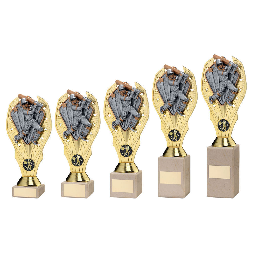 Gold Plastic Holder + Cricket Batsman Disc+Cream Marble Trophy (1in Cen) by Legacy Outfitters