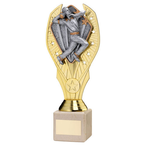 Gold Plastic Holder + Cricket Bowler Disc & Cream Marble Trophy (1in Cen) - 197mm by Legacy Outfitters