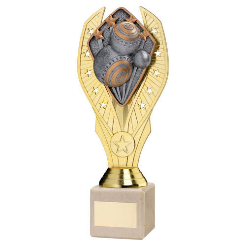 Gold Plastic Holder + Lawn Bowls Disc On Cream Marble Trophy (1in Cen) - 197mm by Legacy Outfitters