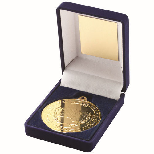 Blue Velvet Box And 50mm Medal Motor Sport - Gold by Legacy Outfitters