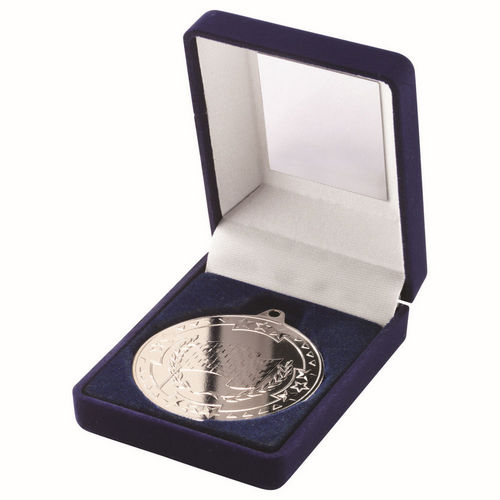 Blue Velvet Box And 50mm Medal Motor Sport - Silver by Legacy Outfitters