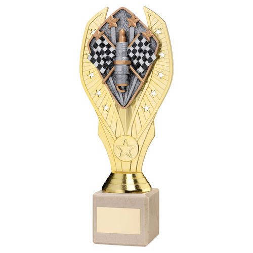 Gold Plastic Holder + Motor Sport Disc On Cream Marble Trophy (1in Cen) - 197mm by Legacy Outfitters