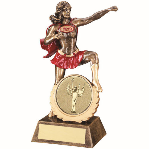 BRZ/GOLD/RED GENERIC FEMALE HERO WITH PLATE (2in CENTRE) - 7.5in