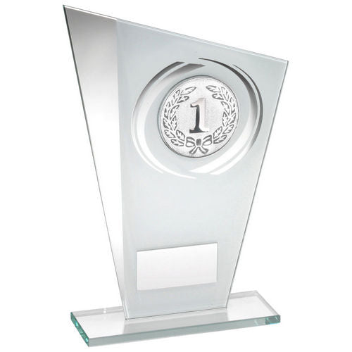 WHITE/SILVER PRINTED GLASS PLAQUE WITH WREATH WITH PLATE - (2in CENTRE) 8in