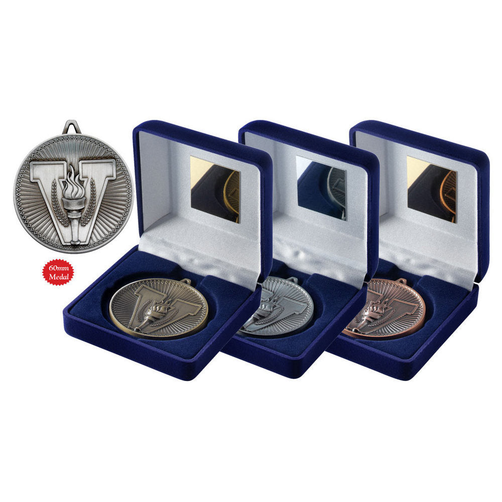 Blue Velvet Box And 60mm Medal Victory Torch by Legacy Outfitters