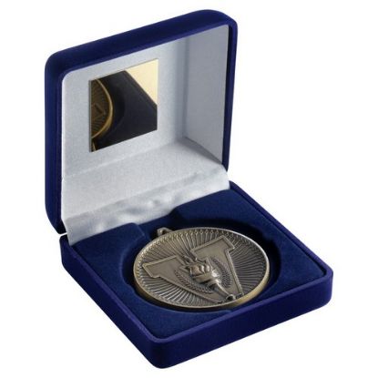 BLUE VELVET BOX AND 60mm MEDAL VICTORY TORCH