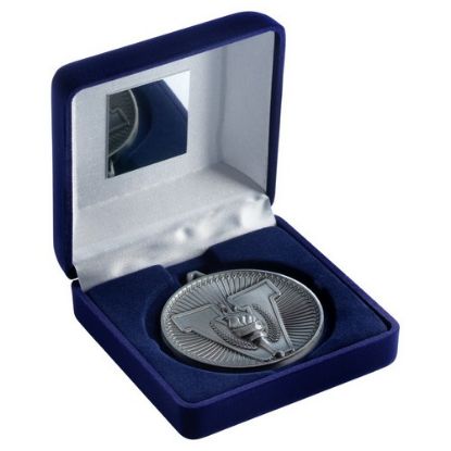 BLUE VELVET BOX AND 60mm MEDAL VICTORY TORCH
