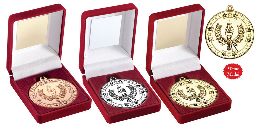 Red Velvet Box And 50mm Medal Victory Torch by Legacy Outfitters