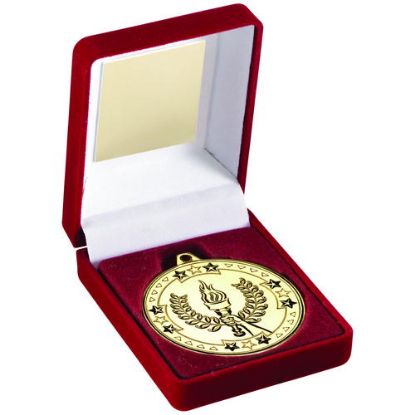 RED VELVET BOX AND 50mm MEDAL VICTORY TORCH