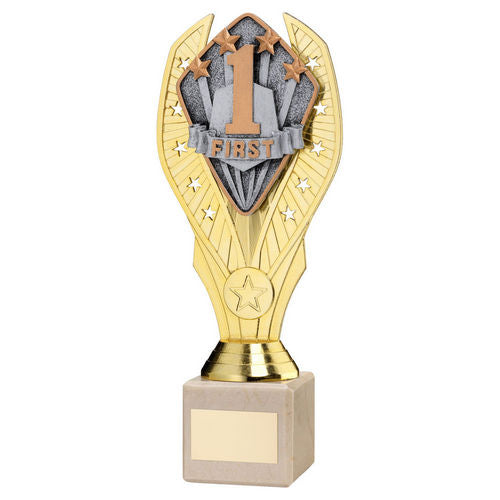 Gold Plastic Holder + First Disc On Cream Marble Trophy (1in Cen) - 197mm by Legacy Outfitters