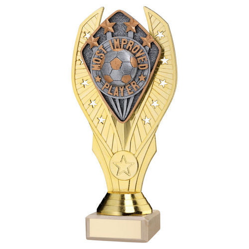 GOLD HOLDER + MOST IMPROVED PLAYER DISC & CREAM MARBLE TROPHY (1in CEN)