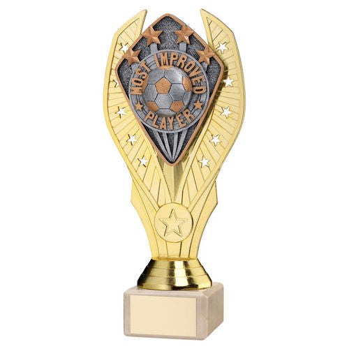 GOLD HOLDER + MOST IMPROVED PLAYER DISC & CREAM MARBLE TROPHY (1in CEN)
