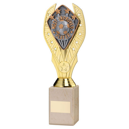 GOLD HOLDER + MOST IMPROVED PLAYER DISC & CREAM MARBLE TROPHY (1in CEN)