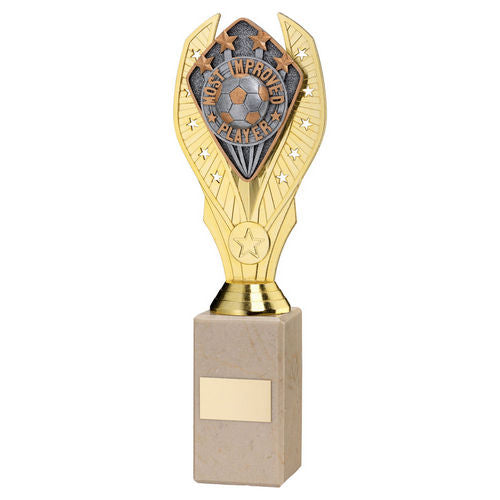 GOLD HOLDER + MOST IMPROVED PLAYER DISC & CREAM MARBLE TROPHY (1in CEN)