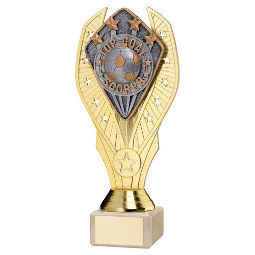 GOLD HOLDER + TOP GOAL SCORER DISC & CREAM MARBLE TROPHY (1in CEN)