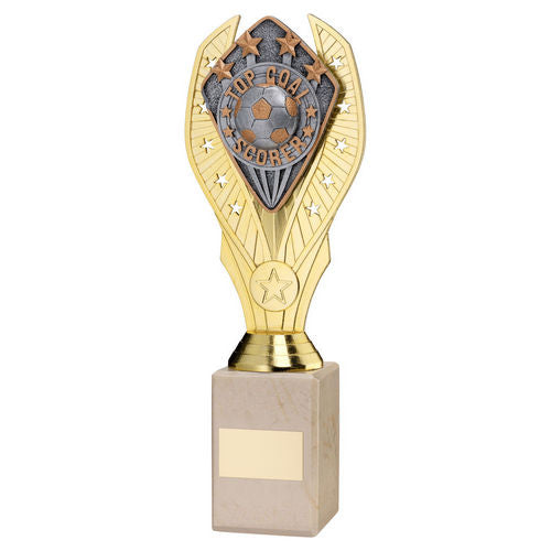GOLD HOLDER + TOP GOAL SCORER DISC & CREAM MARBLE TROPHY (1in CEN)