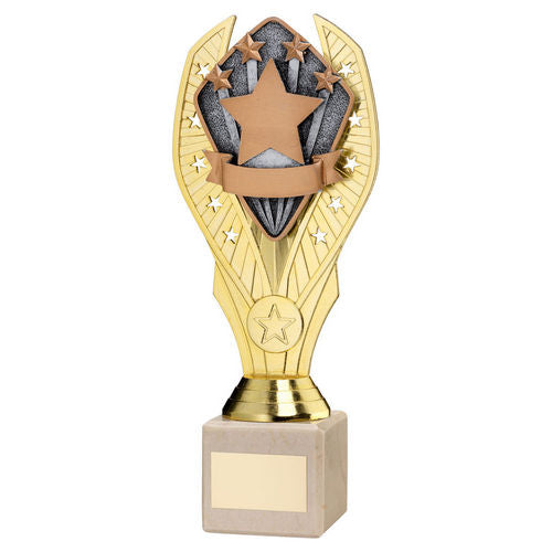 Gold Plastic Holder + Stars Disc On Cream Marble Trophy (1in Cen) - 197mm by Legacy Outfitters