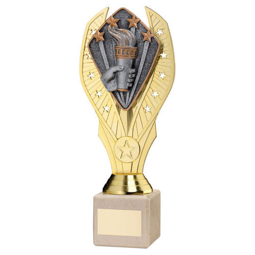 Gold Plastic Holder+Victory Torch Disc On Cream Marble Trophy (1in Cen) - 197mm by Legacy Outfitters