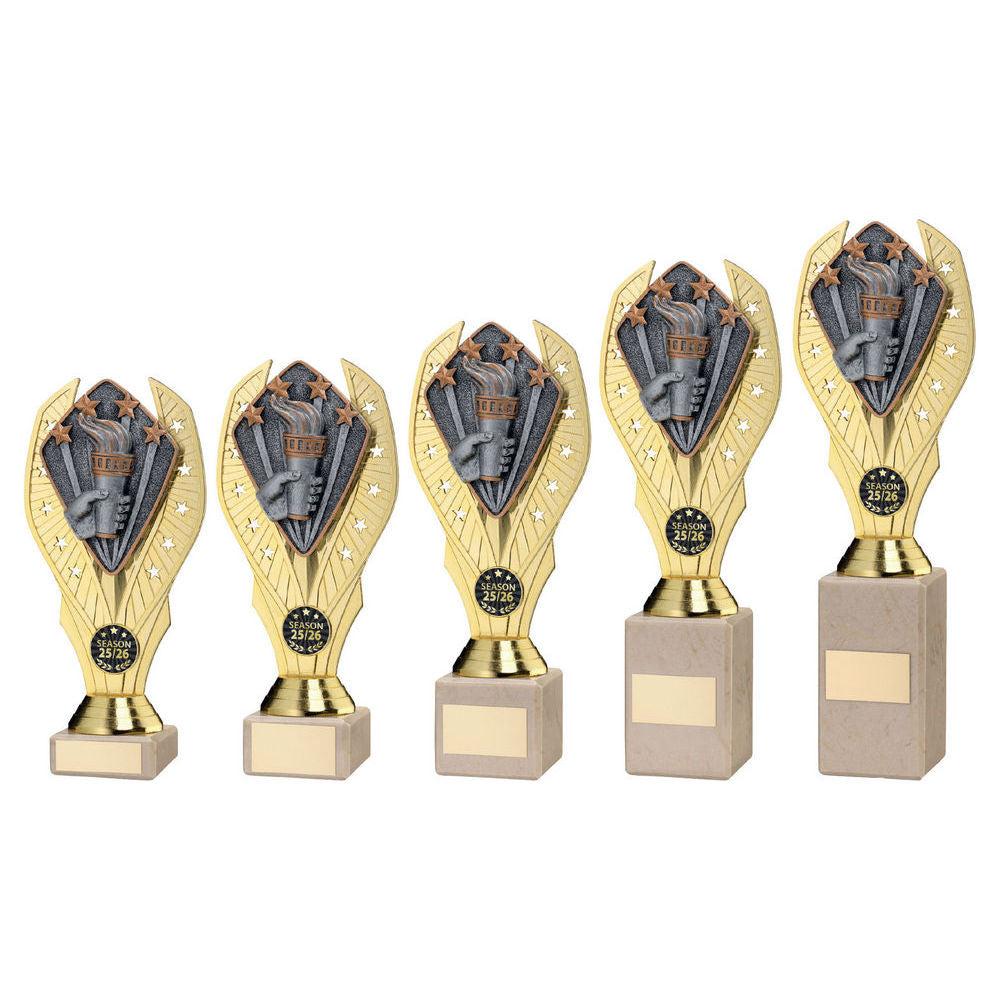 Gold Plastic Holder+Victory Torch Disc On Cream Marble Trophy (1in Cen) by Legacy Outfitters