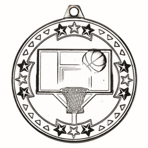 Basketball Tri Star Medal - 50mm - Silver by Legacy Outfitters
