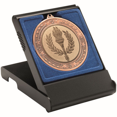 BLACK MEDAL BOX LARGE (50/60/70mm RECESS BLUE INSERT) - 4.75in