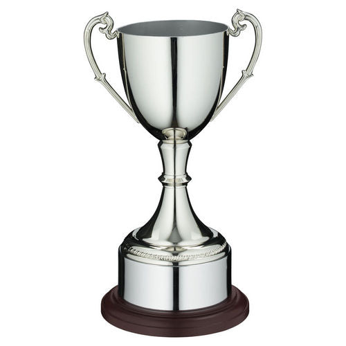 NICKEL PLATED CUP ON ROUND PLINTH WITH BAND