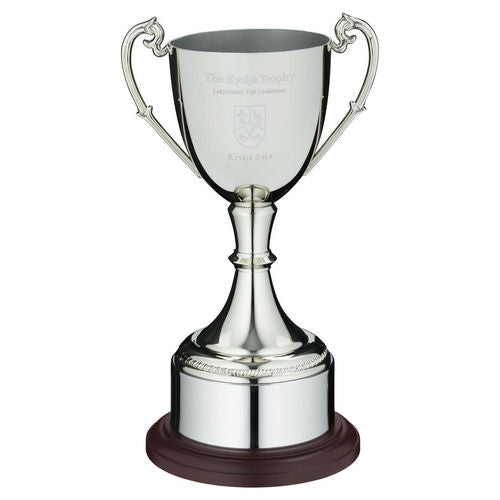 NICKEL PLATED CUP ON ROUND PLINTH WITH BAND