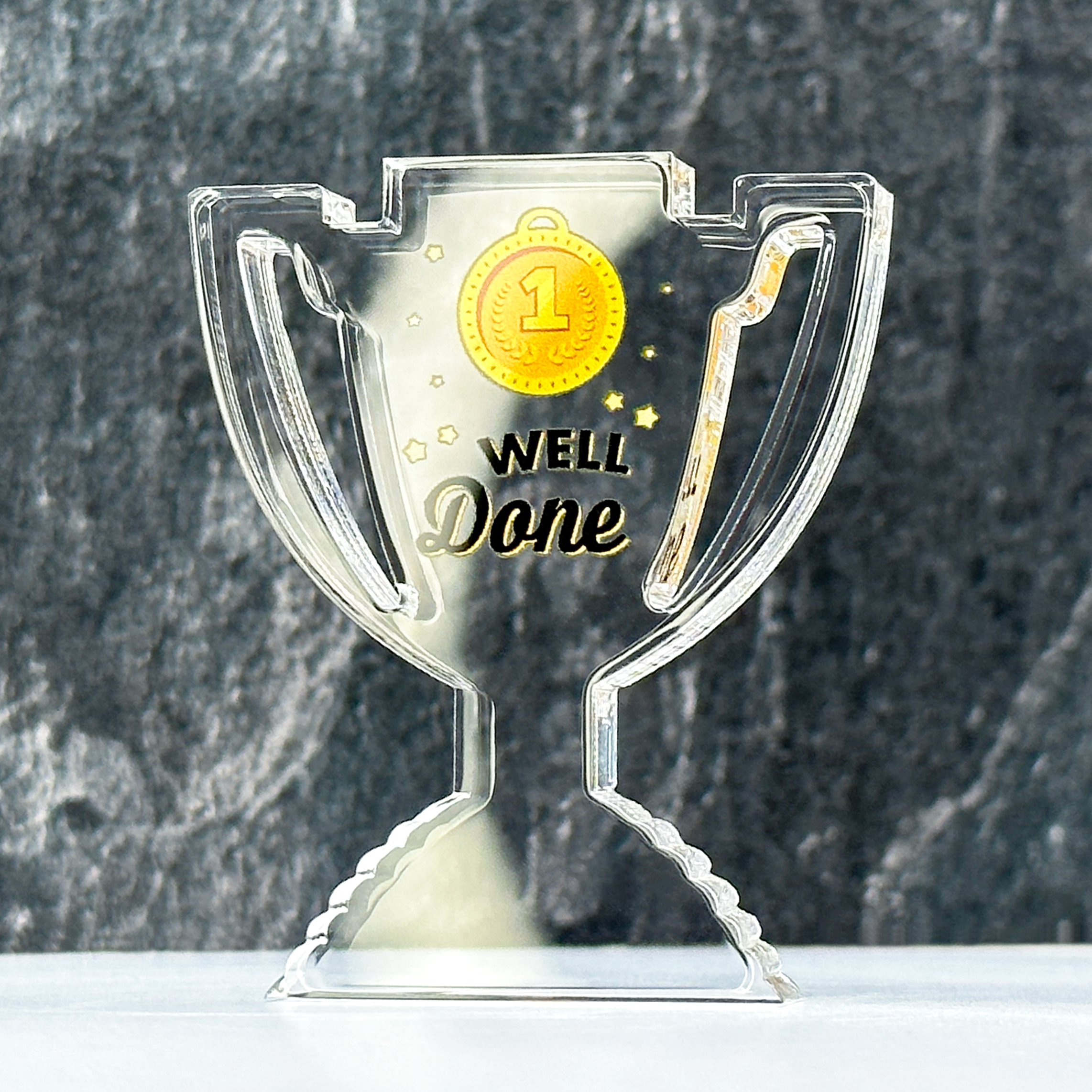 Well Done Clear Acrylic Trophy by School Badges UK