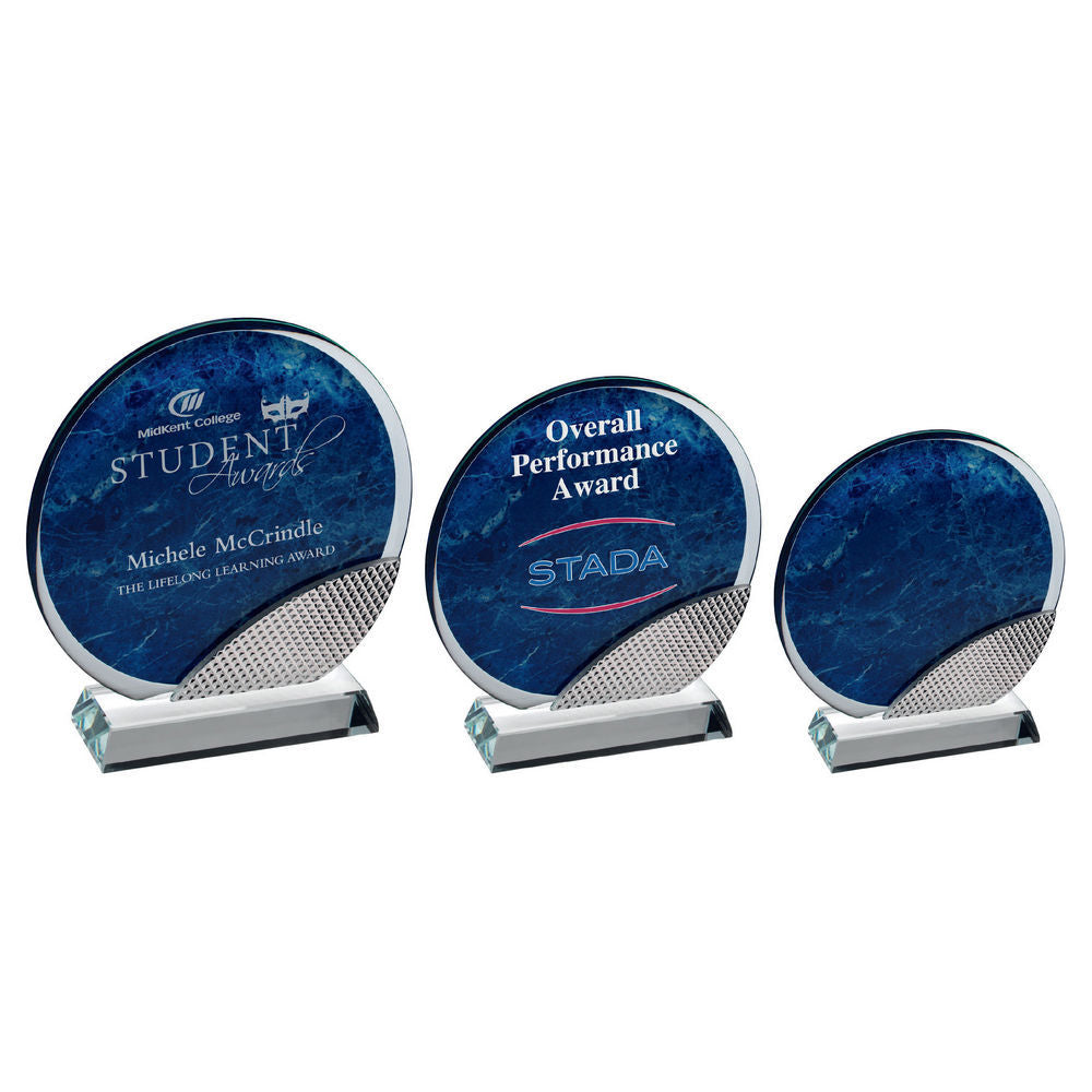Blue Marble Backed Clear Glass Circle With Silver Detail by Legacy Outfitters